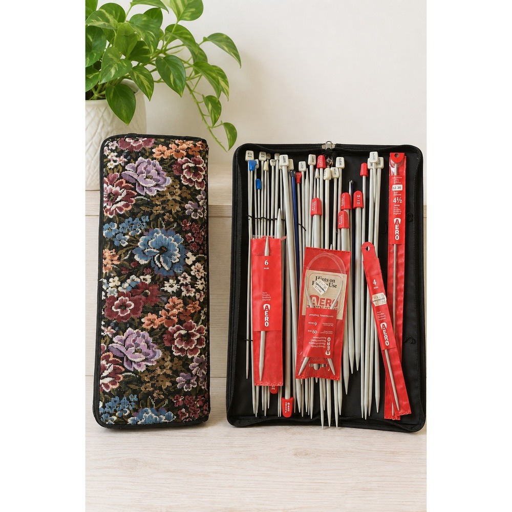 Vintage Floral Tapestry Knitting Needle Organizer Case Zipper Storage Grannycore